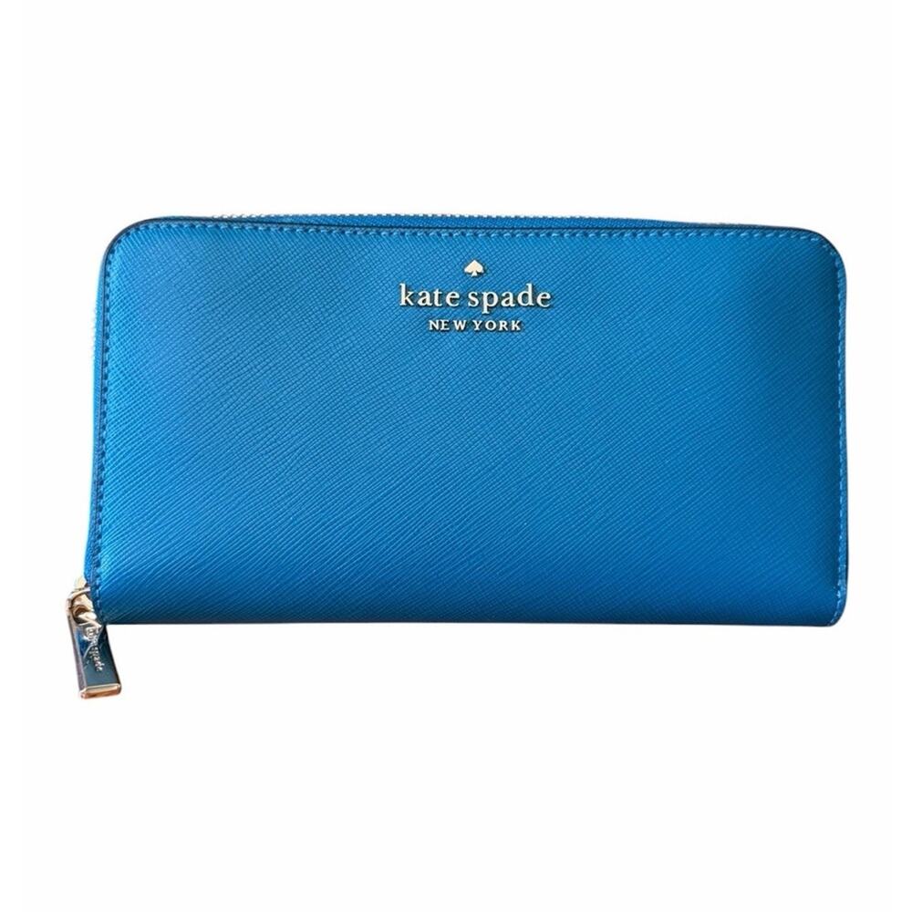 Kate Spade Large Zip Around Wallet Dark Peacock Blue Saffiano Leather